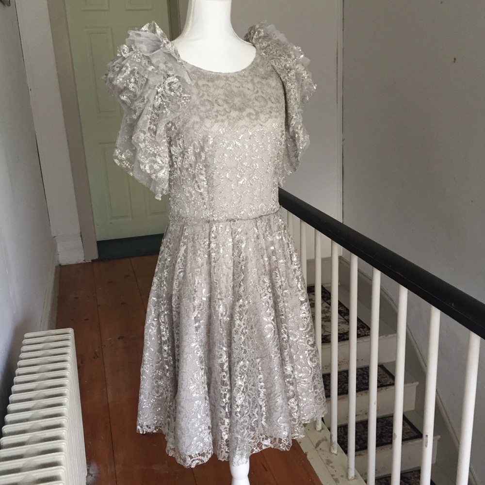 BCBG Cynthia Silver Metallic Lace Dress Size 10
